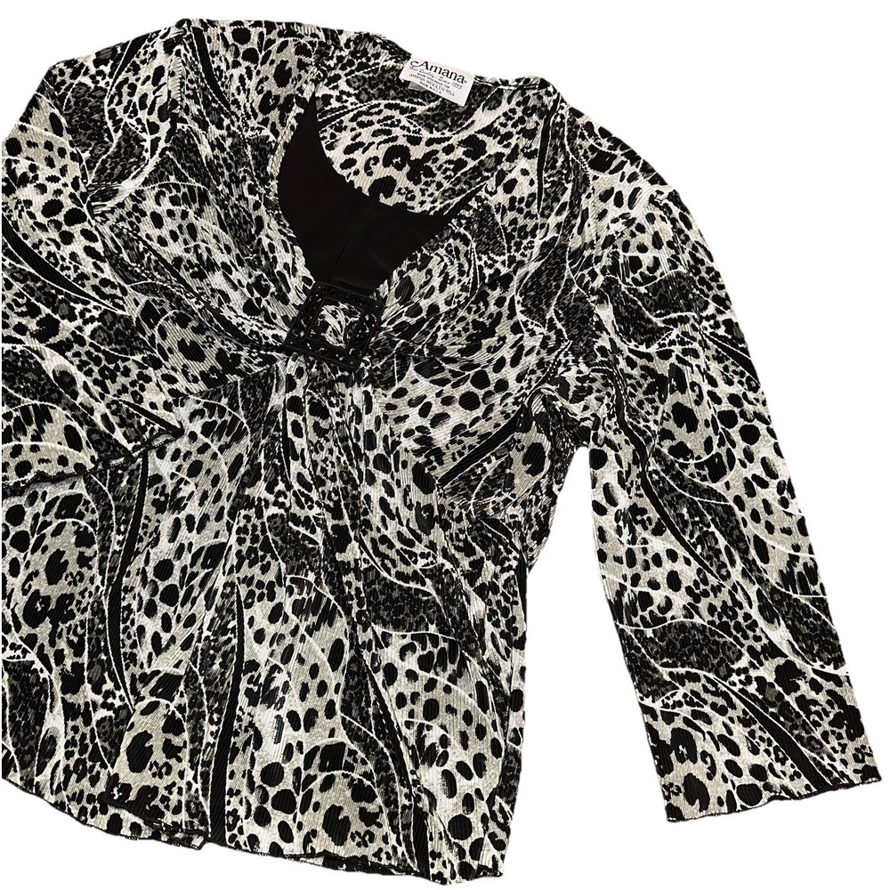 Amana Black & White Leopard Print V-Neck Twist Front Buckle Blouse USA Women's L